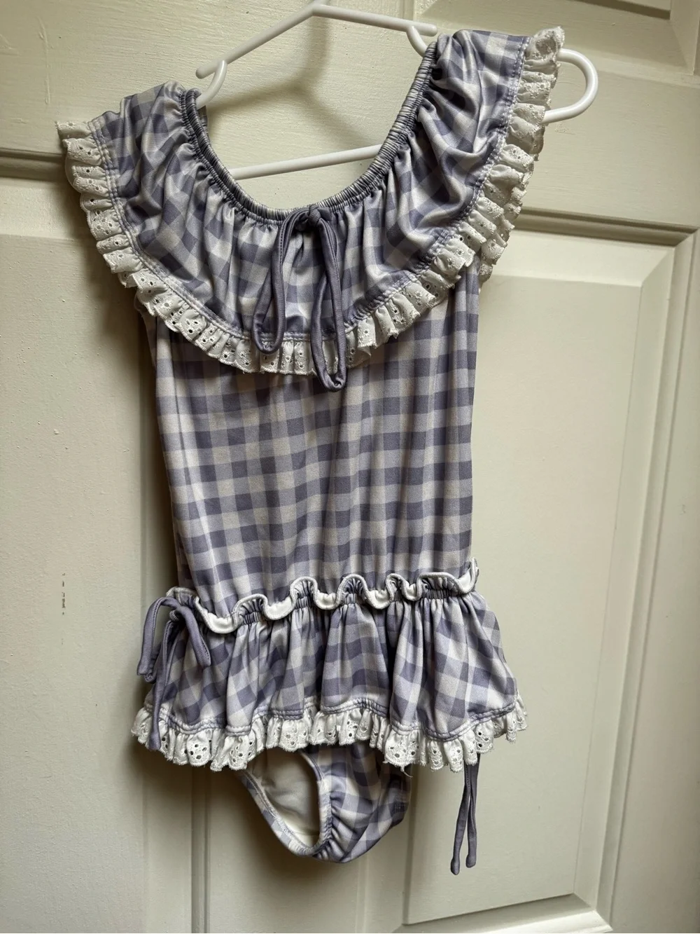 Wildling WDW 3T Gingham Check Swim Purple White Eyelet lace Ruffle & Tie Girls 3 - Picture 1 of 13